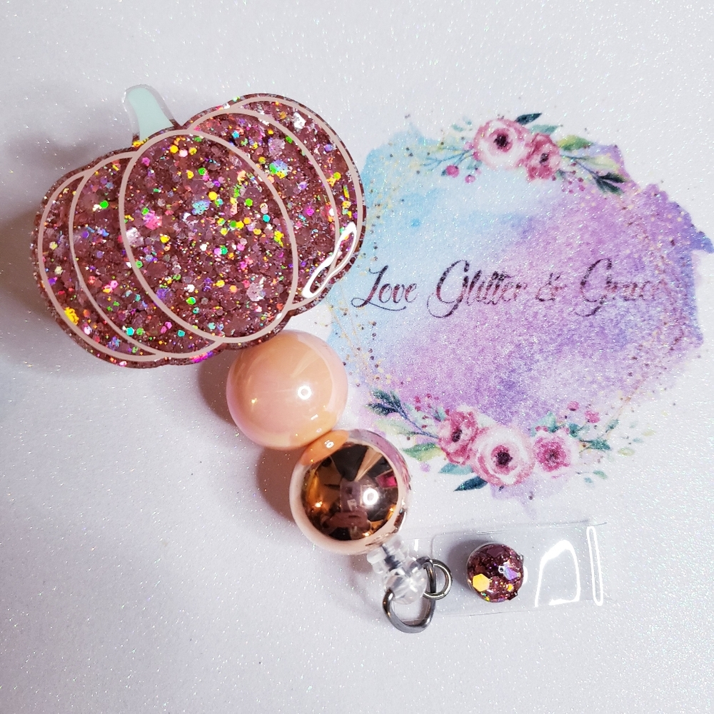 Rose gold pumpkin badge reel, glitter, nurse, healthcare